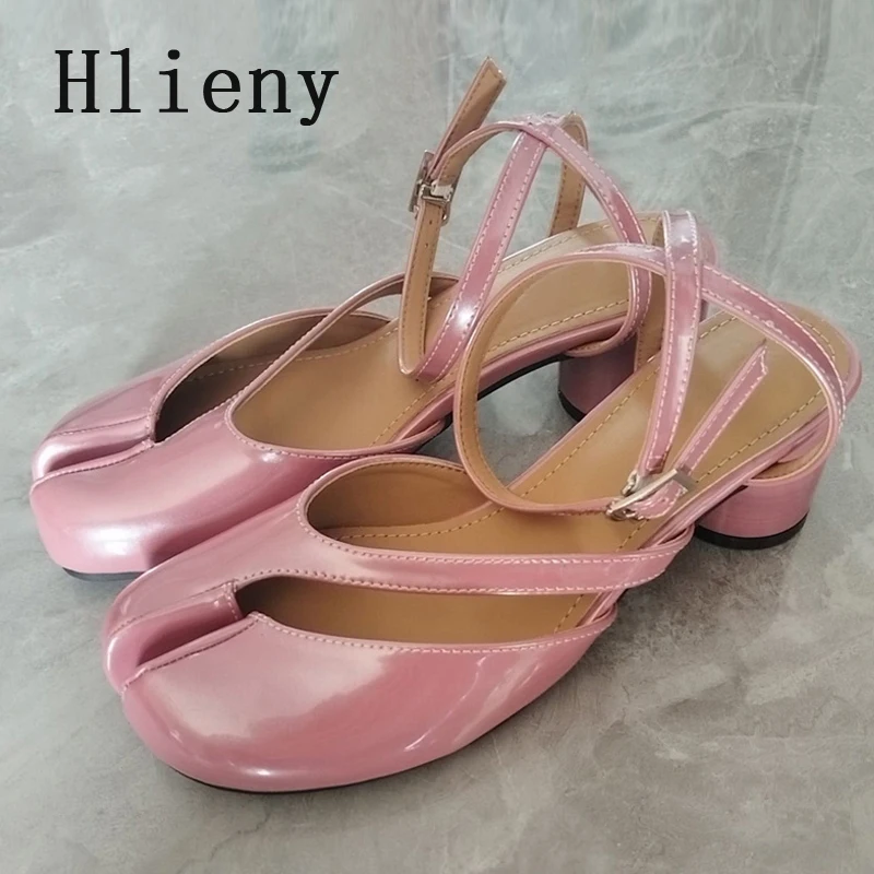 Hlieny Ins Style Fashion Patent Leather Split Toe Women Pumps Spring Summer Thick High Heels Slingback Sandals Female Dress Shoe