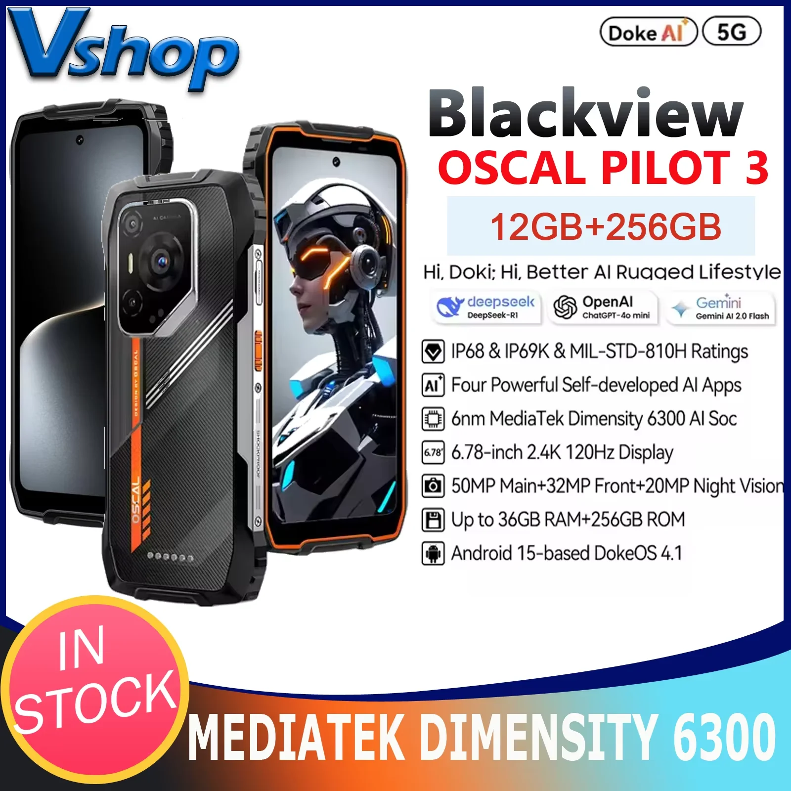 Прочный телефон Blackview Oscal Pilot 3 5G AI, 12 ГБ + 256 ГБ, 6,78 дюйма, 2,4K-дисплей, аккумулятор 7500 Ач, Android 15 MTK 6300, 5G, NFC-смартфон