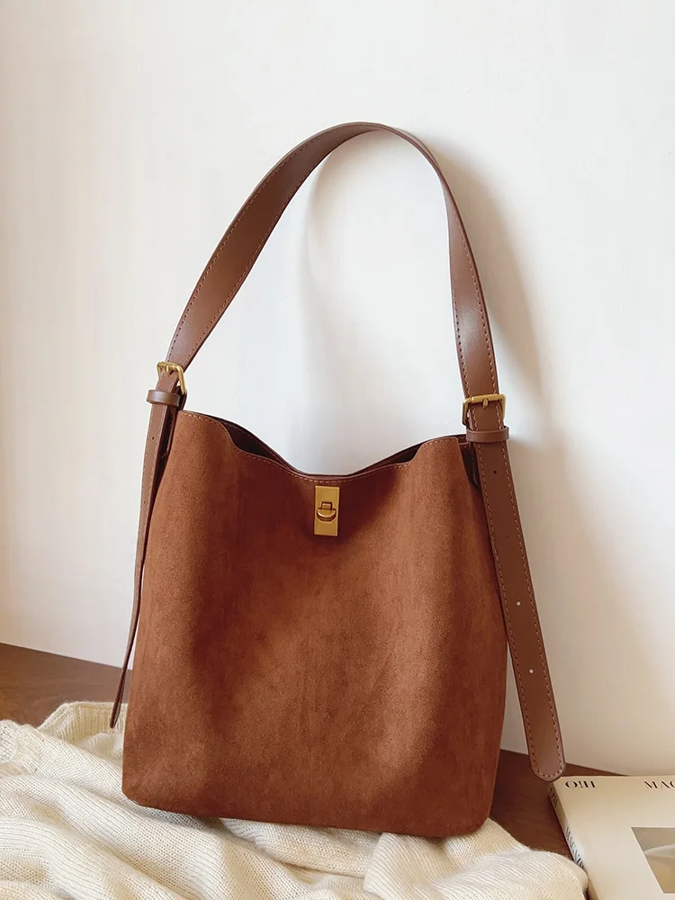 

Замшевая сумка-ведро в стиле ретро, большая сумка через плечо из искусственной кожи Capaci, комплект Materni, повседневный комплект для молодых женщин