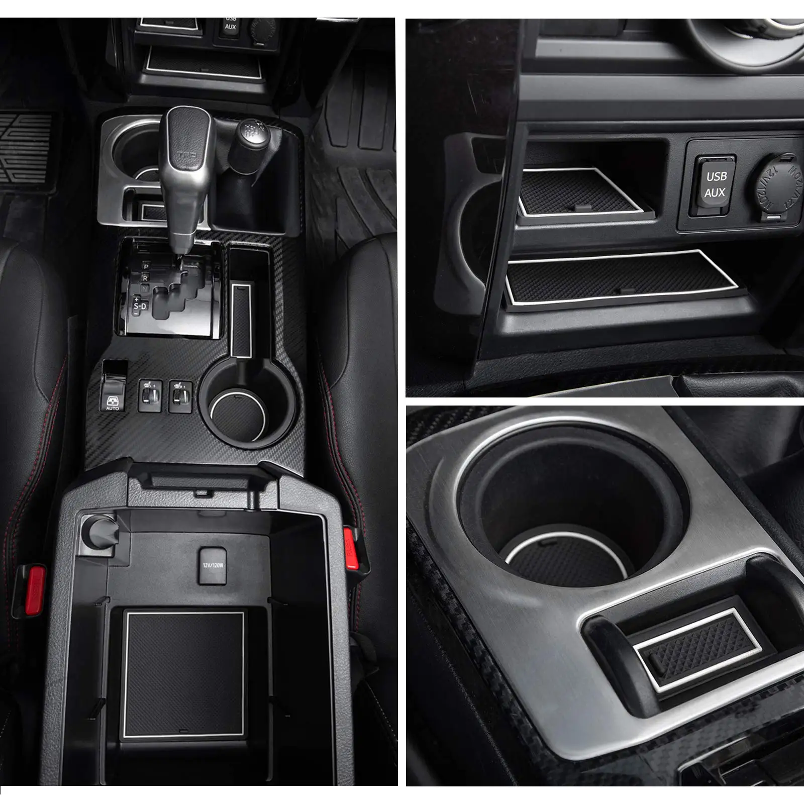 

27-Piece Carbon Fiber Style Console And Door Pocket Trim Kit For Toyota 4Runner 2010-2024 With Red Stitching