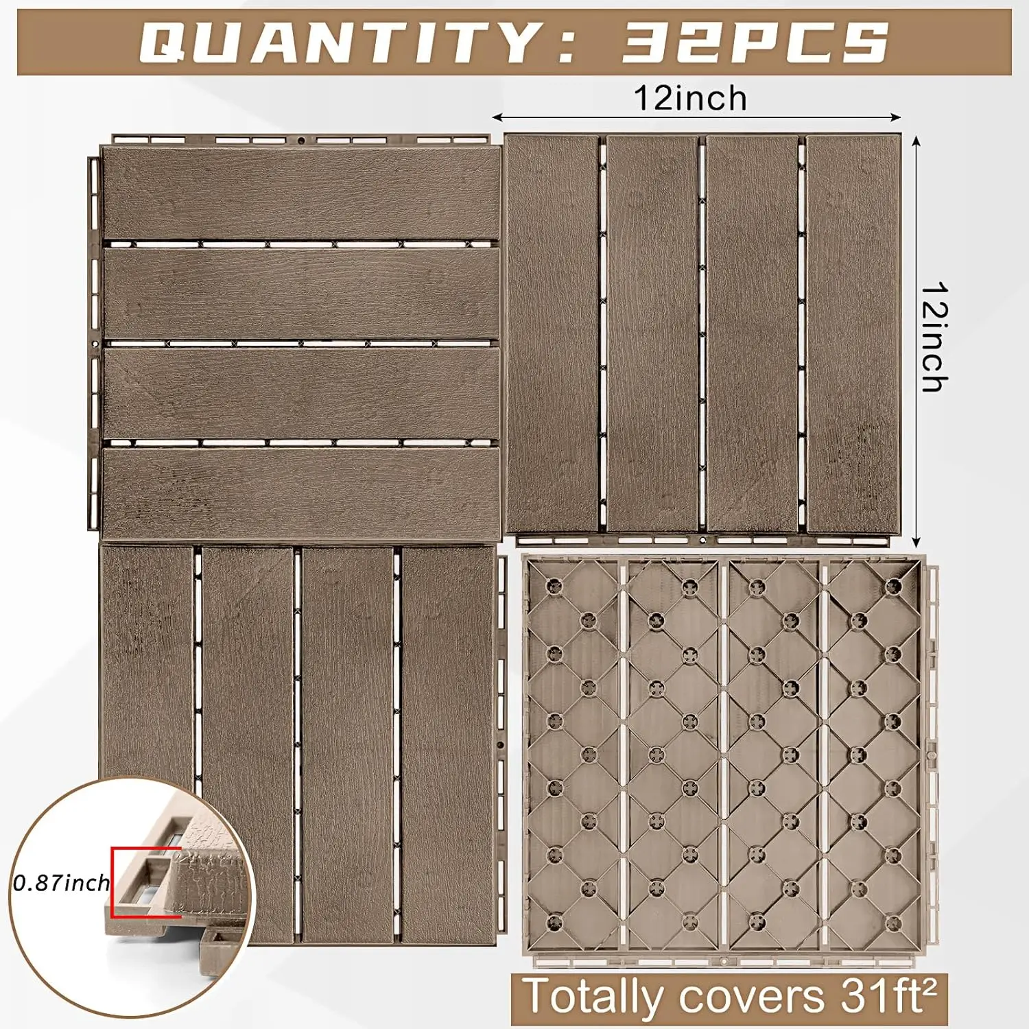 Treela 32 Pcs Plastic Interlocking Deck Tiles 12 X 12 Inch Patio Deck Tiles Waterproof Outdoor Flooring Composite Decking