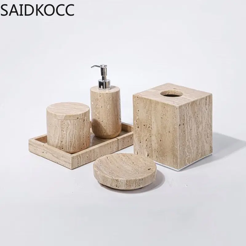 Travertine Set for Bathroom Soap Dispenser Toothbrush Holder Ashtray Aromatherapy Bottle Soap Dish Storage Tray