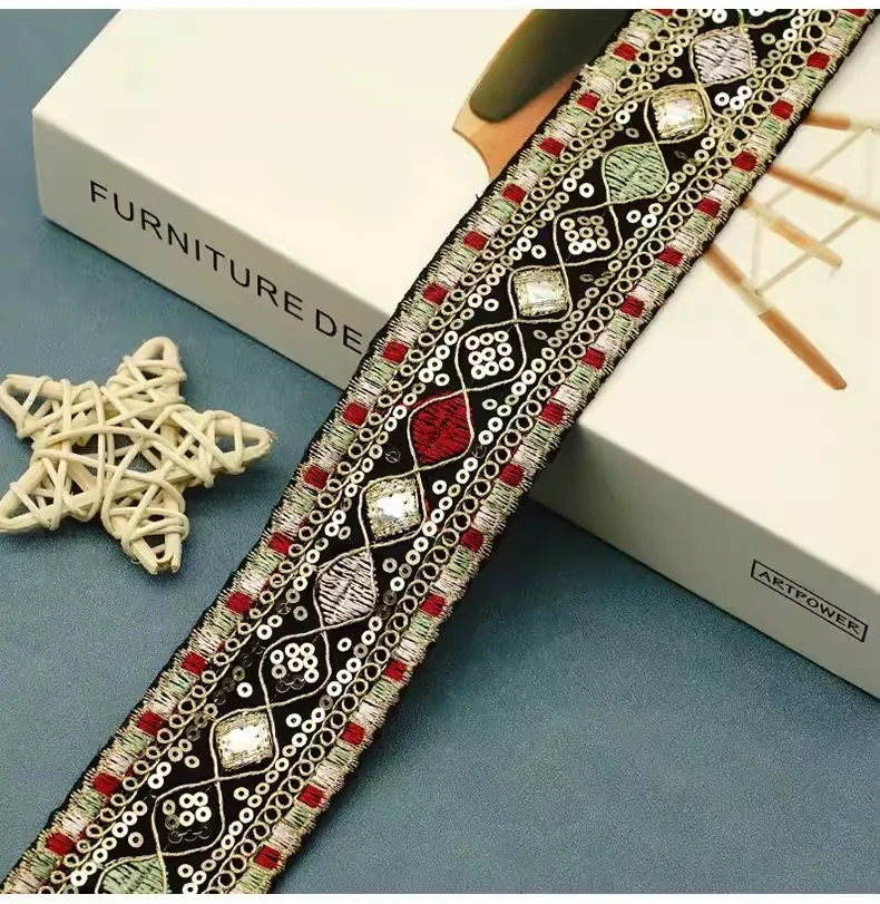 

5yard Ethnic sequin embroidery lace trim,handmade DIY Clothing cuffs,collar accessories lace ribbon