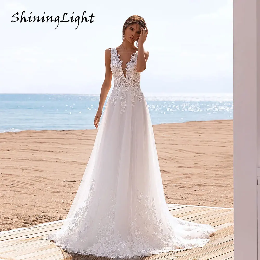 

ShiningLight Vintage Beach Wedding Dress V-Neck Soft Tulle A-Line Bridal Gown Backless with Appliques Abito Da Sposa Customized