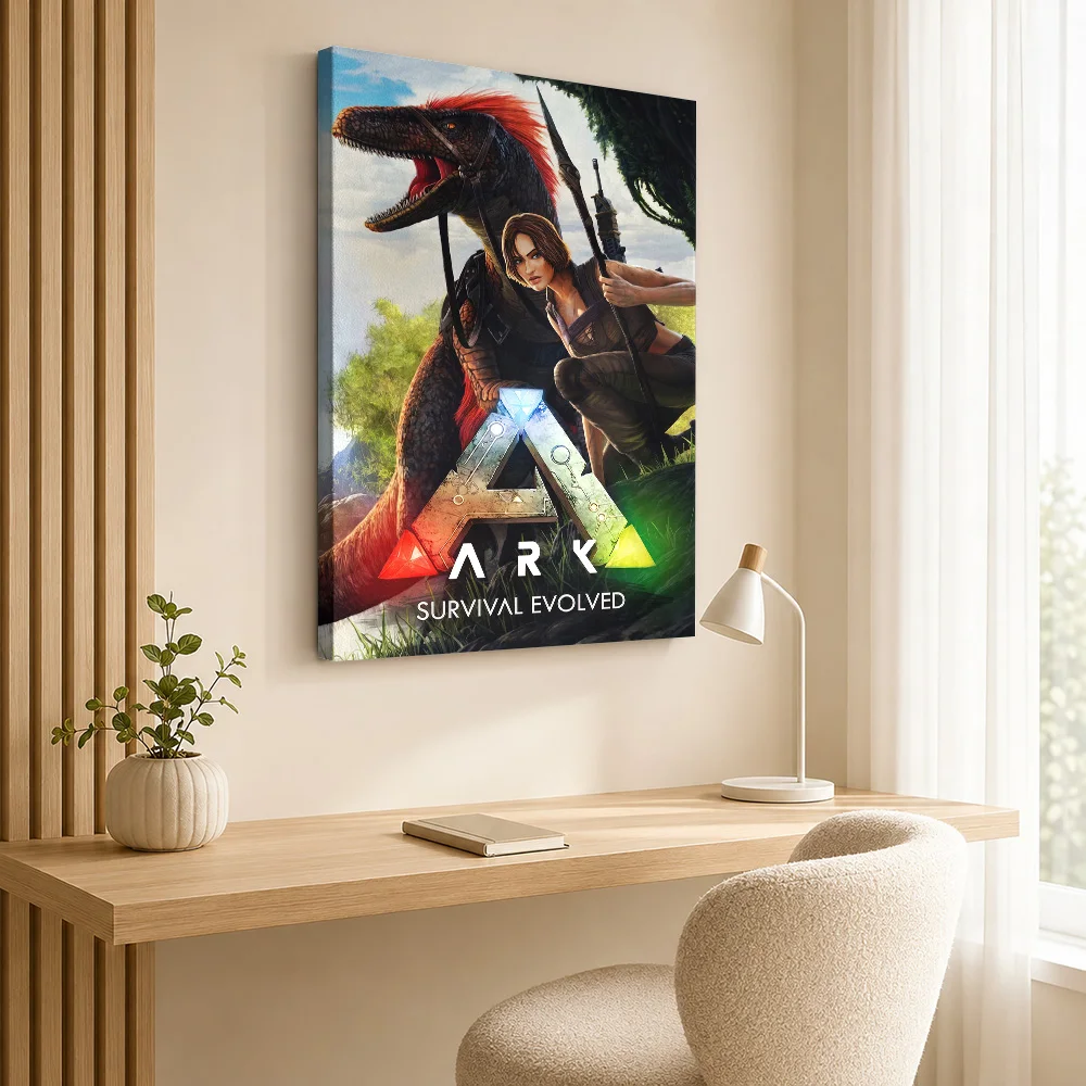 Ark Survival Evolved Woman And Dinosaur Framed Canvas Print Personalized Photo Adventure Illustration Wall Art For Gaming Room