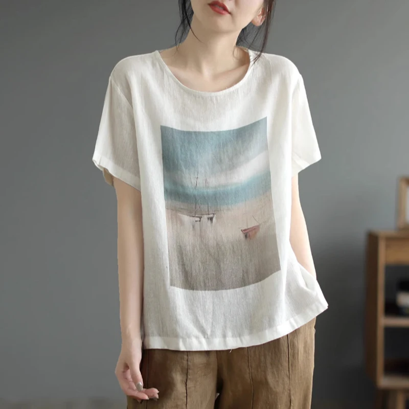 Summer Fashionable Ink Painting Round Neck T-Shirts For Women Vintage Loose Casual Short Sleeve Daily Linen Female Pullovers