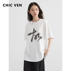 CHIC VEN Women T-Shirts Summer New Simple Loose Round Neck Tsuen Cotton Printed Short sleeved Tees Female Top 2024