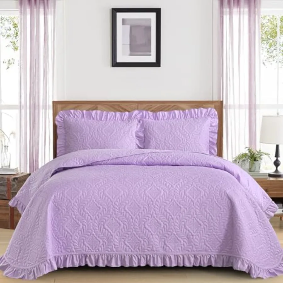 

Quilt Set Bedspread Bedding Set Purple Ruffled Lightweight Soft Coverlet Basket Weave Quilted Blanket Thin Quilt Bed Cover for
