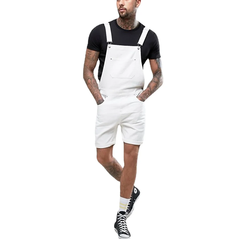 Vintage Men Jeans Denim Rompers White Shorts One-piece Overalls Suspenders Streetwear Men Jumpsuit