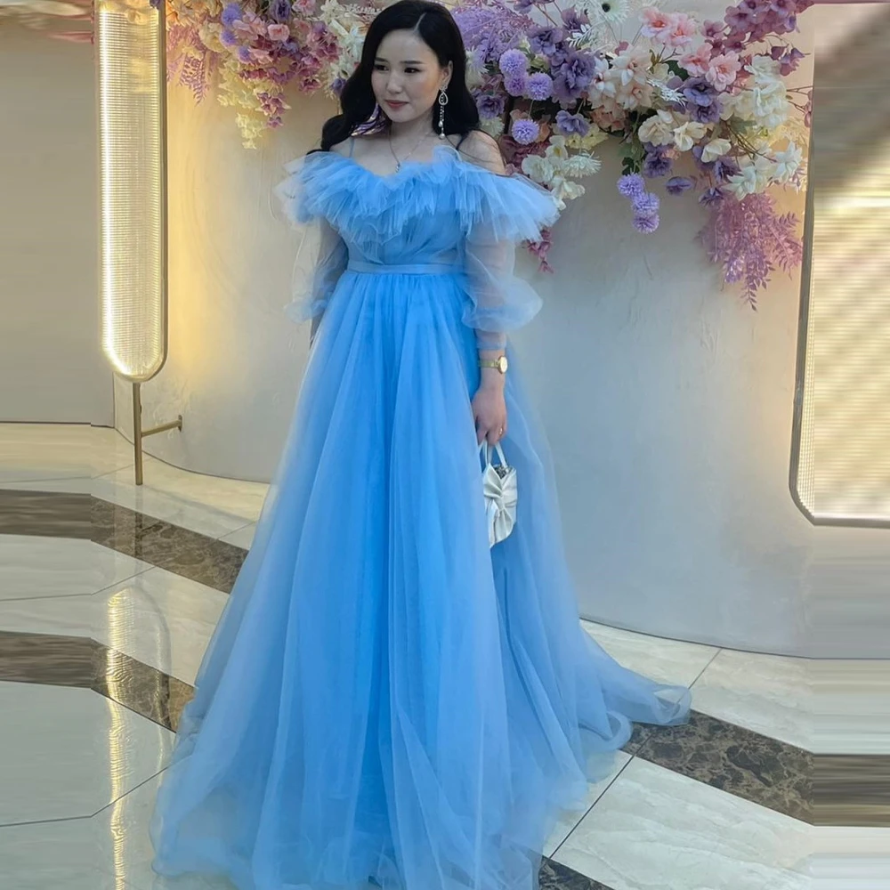 

Carolina Off the Shoulder Evening Dresses Women A-Line Tulle Long Sleeves Sky Blue Wedding Guest Elegant Formal Party Gowns