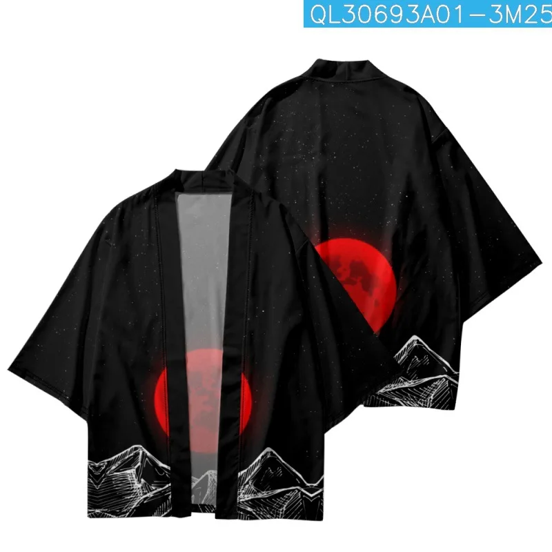 Summer Couple Women Men Traditional Japanese Streetwear Moon Mountains Printed Kimono Beach Shorts Cardigan Yukata