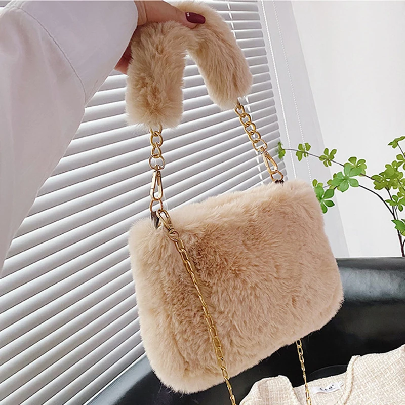 Autumn And Winter Women's Handbags Plush Fluffy Soft And Cute Fashionable Small Square Chain Crossbody Bag For Girls