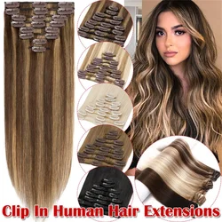 PROKYVITY 8pcs/Set Natural Human Hair Extensions 8''-24'' Thin Straight, 50-80g Full Head Clip-In Hairpieces for a Seamless Lo