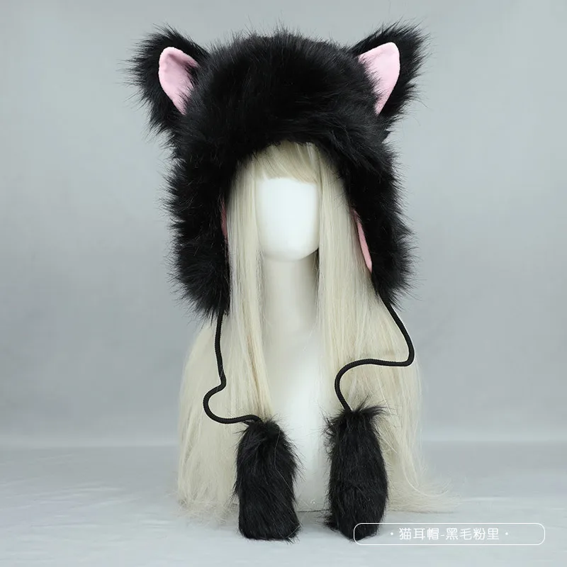 

Winter Y2k Party Faux Fur Hat Cat Ear Warmer Soft Beanie Furry Earflap Cap Cosplasy Props Black White Headpiece