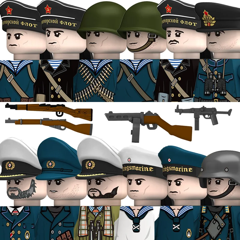 WW2 Military Navy Series Soldier Figures Building Blocks Soviet Navy Warrior Infantry Officer Printed Helmet Bricks Toys Gifts