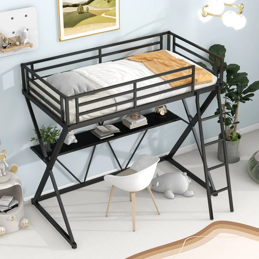 Children Beds Twin Size Loft Bed with Desk, Ladder and Full-Length Guardrails, X-Shaped Frame,Black Bunk Beds for Kids Boys Bed