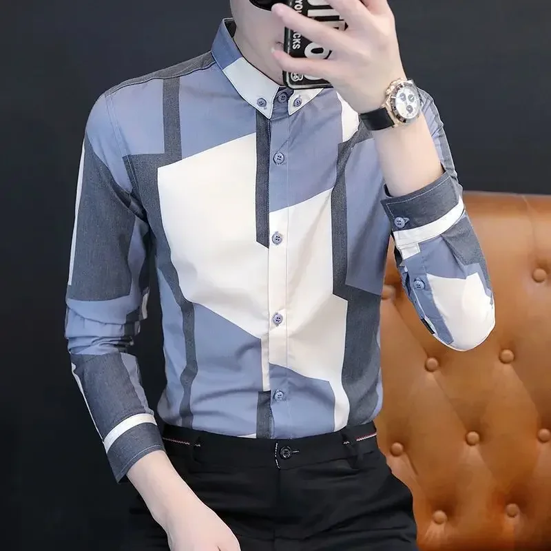 Male Shirts Geometric Printed Colourful Men's Shirt With Print Aesthetic Cheap Brand Cotton Fashion 2024 I Things Stylish Hot