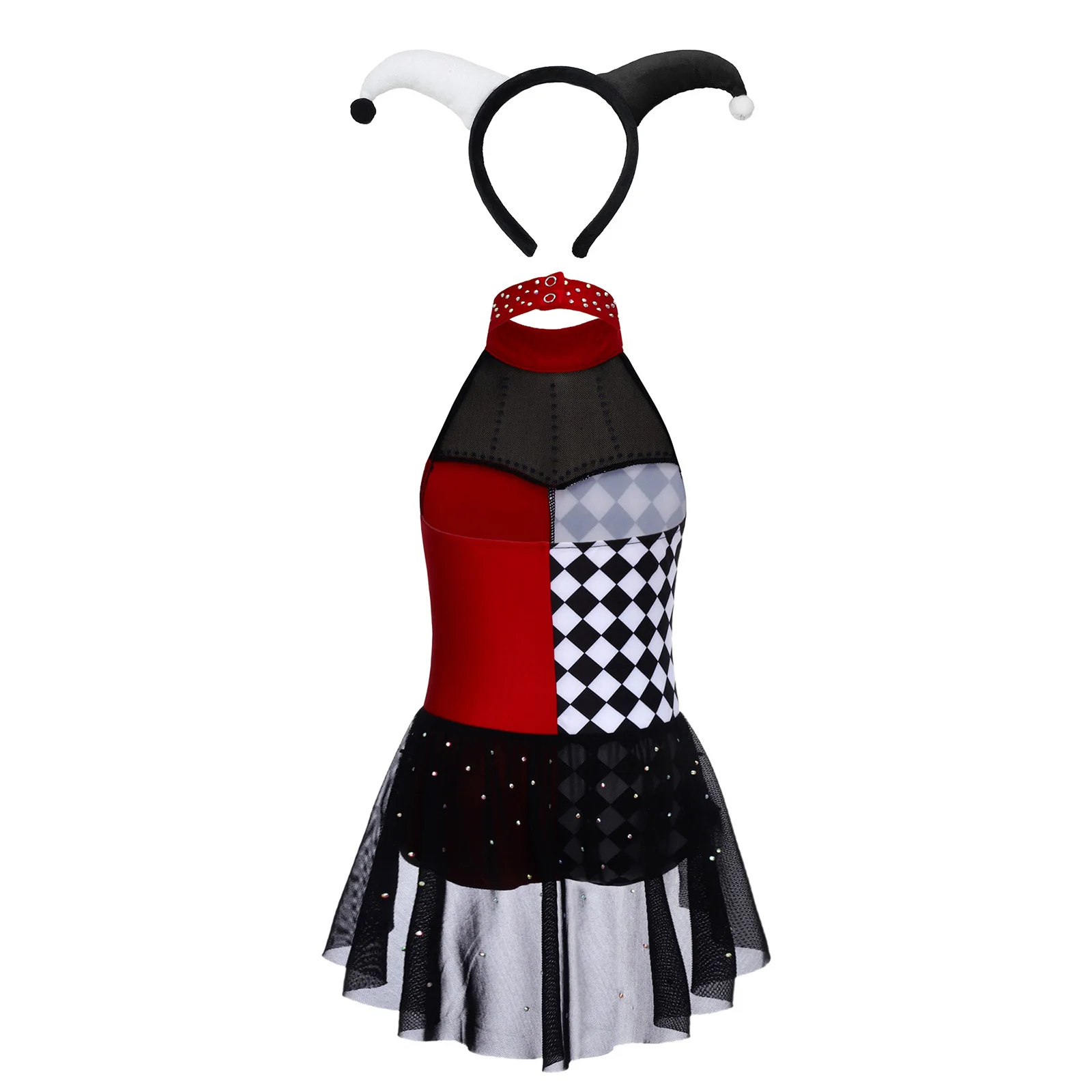 Girls Circus Clown Funny Joker Costume Sleeveless Rhinestone Mesh Leotard Dress with Headwear for Halloween Carnival Cosplay