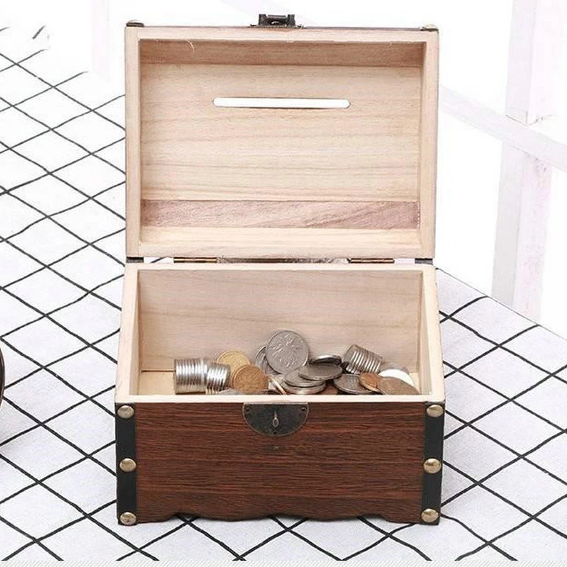 Vintage Wooden Children Bank Saving Home Furnishings Flip With Lock Treasure Box Desktop Antique Style Jewelry Box Gift