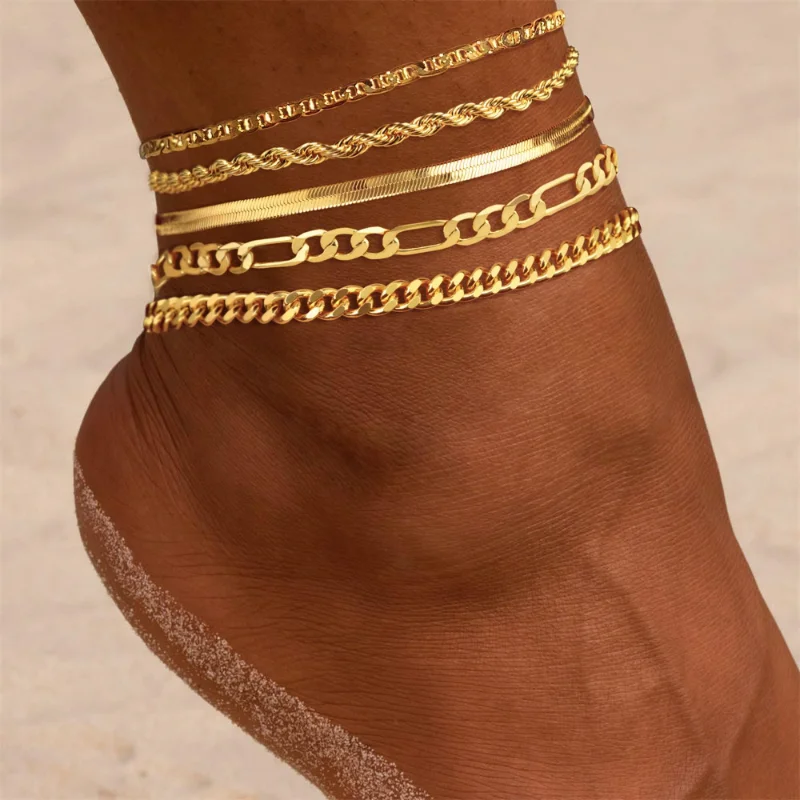 5Pcs/7pcs 14K Gold Plated Anklet Cuban Link Figaro Paperclip Rope Herringbone Chain Anklets Set Gift for Women Girls