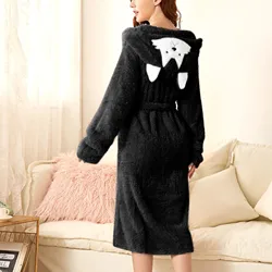 Women's Double Pocket 3d Ear Hooded Flannel Bathrobe Soft And Warm Double Faced Fluffy Velvet Bathrobe Pajamas And Home Wear