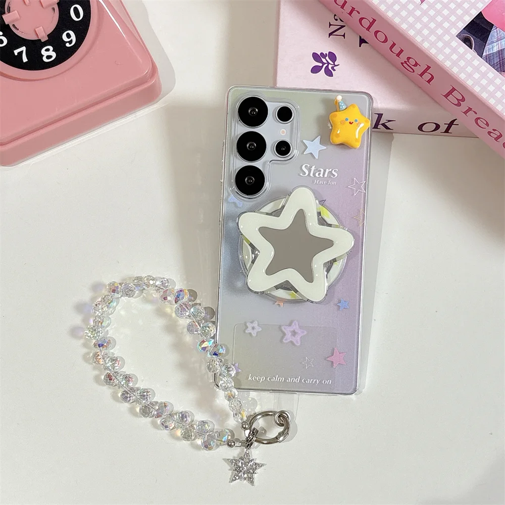 

Cute Star Magnetic Phone Case with Magsafe Mirror Holder Cases for Samsung Galaxy S25 S24 S23Ultra Cover with Chain Cartoon Case