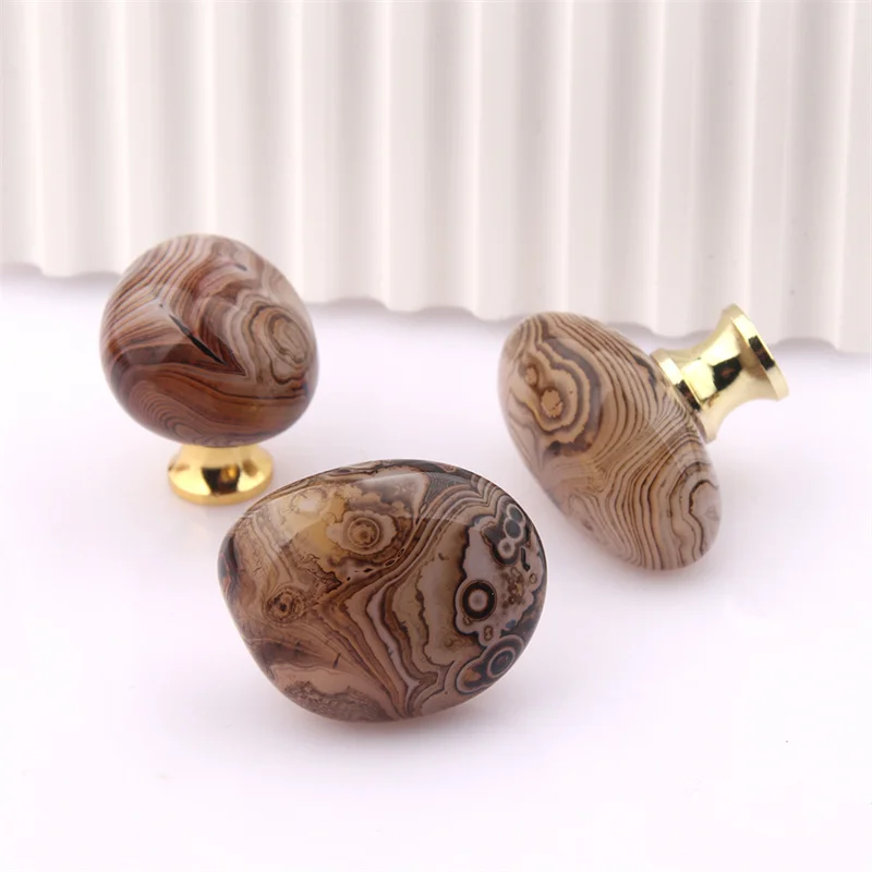 25-35mm Diameter Light Luxury Natural Silk Agate Stone Handle Drawer Wardrobe Door Jewelry Box Knob Single Hole Handles Diy