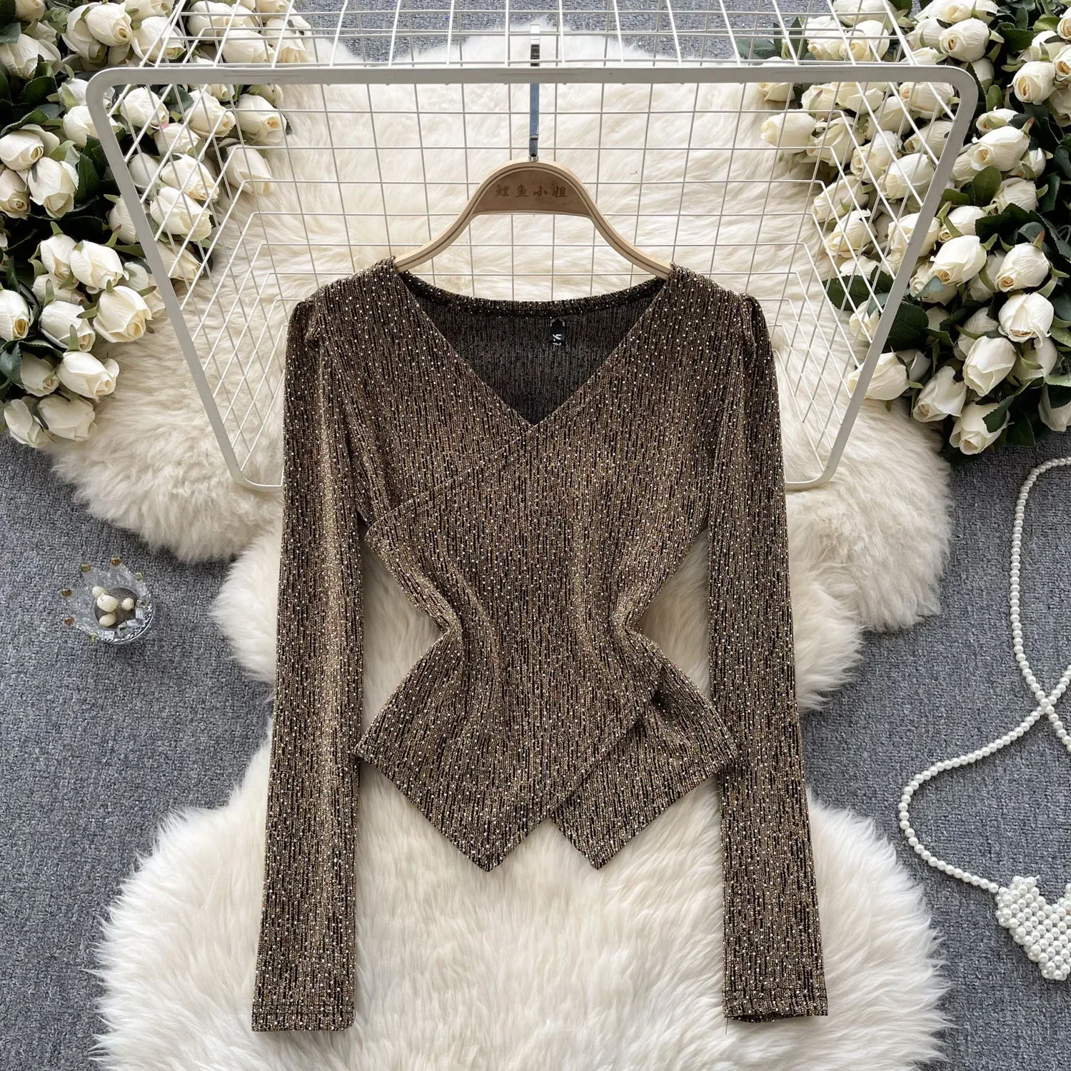 

Vintage patchwork Long Sleeve V-neck Blouse Elegant Korean Fashion Sexy Spring Summer Women Shirt Criss-Cross Casual