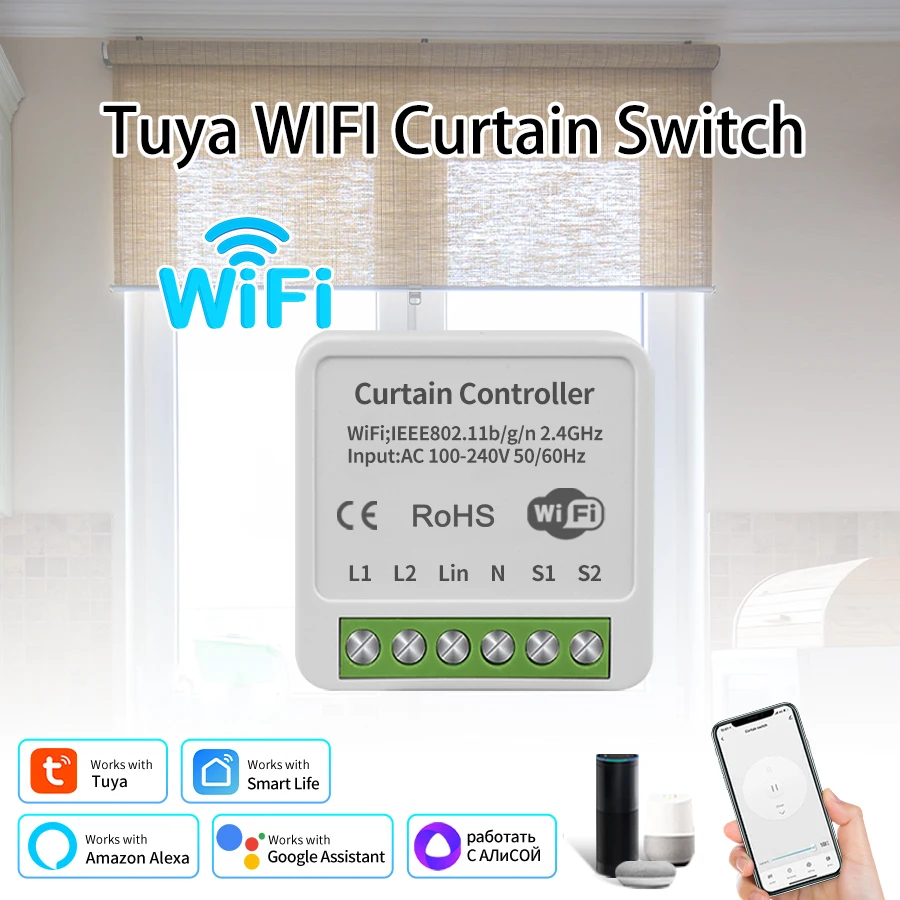 Tuya Smart Wifi Curtain Switch Module Automatic for Roller Blinds Shades Rolling Garage Door Projector Alexa Google AC 100-240V