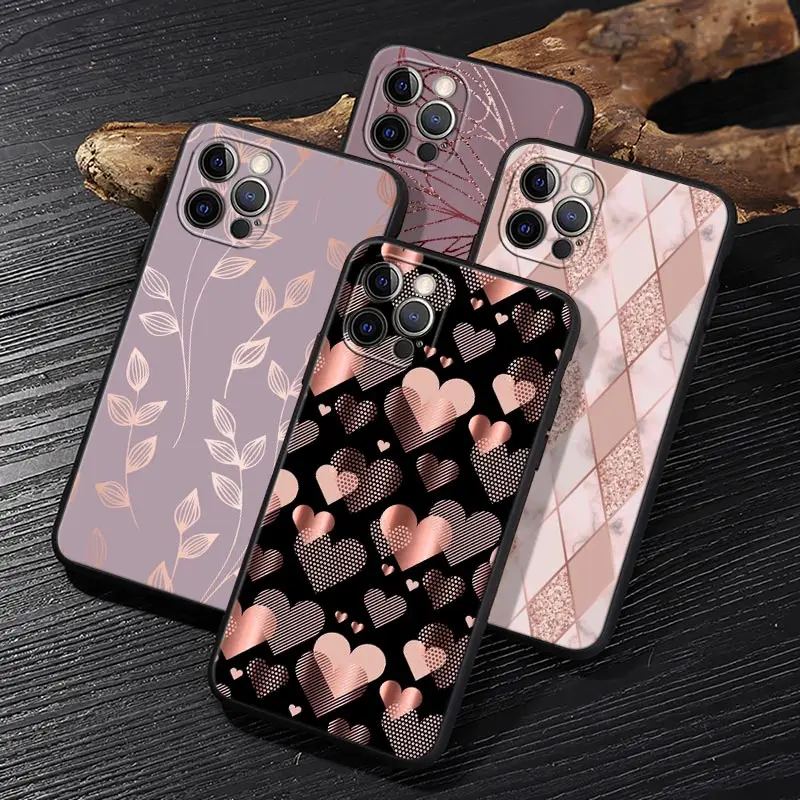 

Gold Pink Rose Glitter Hearts Funda For iphone 15 Pro Max Case For iPhone 14 11 12 13 Mini 15 Pro 14Plus XS 8 SE Case Soft Cover