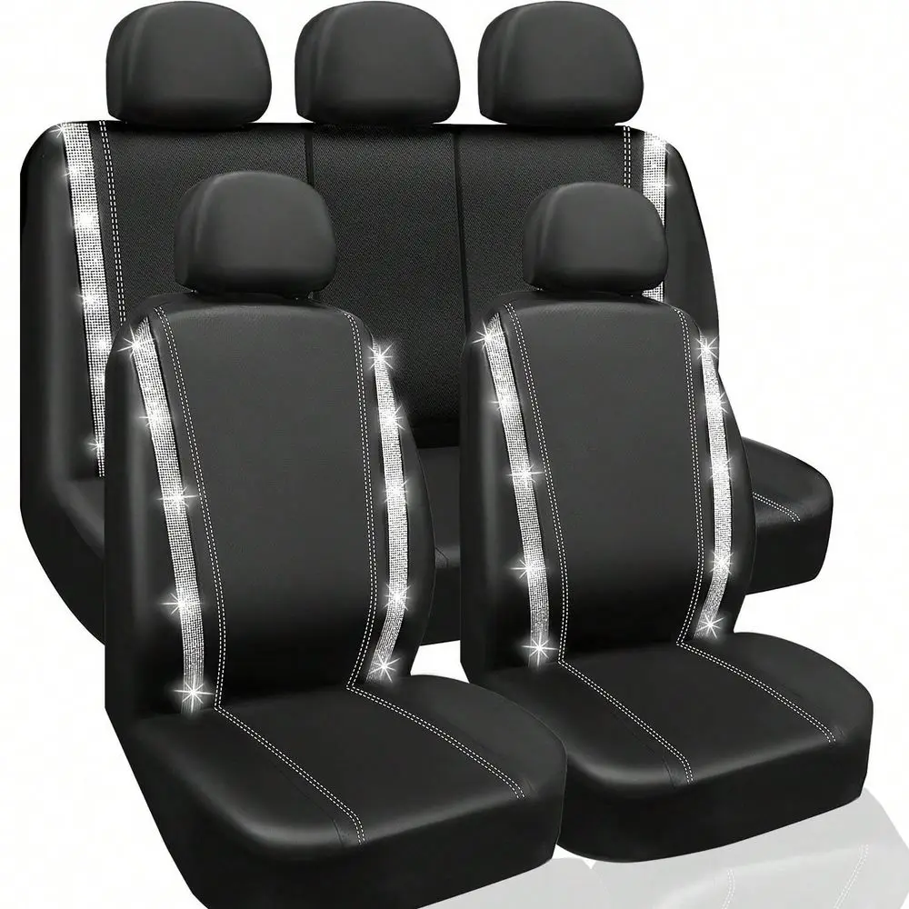 

Set Bling Car Seat Covers Universal Fit, Shining Rhinestone, Waterproof, PVC Leather, Sponge Filled, AllSeason, 95 Fit, Silver A