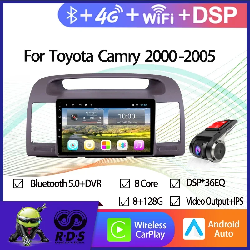 8G+128G  Android 11 Car Radio Stereo For Toyota Camry 2000-2005 GPS Navigation With Wifi 4G DSP CARPLAY Support USB DVR