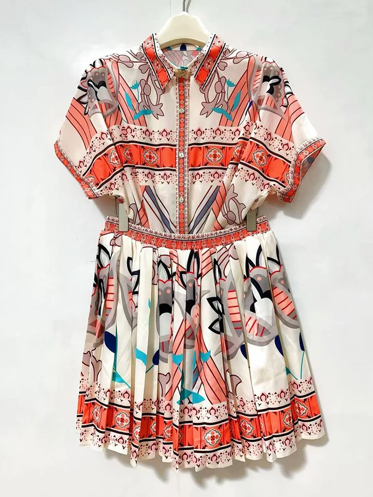 

Summer 2025 Women's retro geometric print straight-leg shirt two-piece set + loose-fitting waist short skirt Fashion set