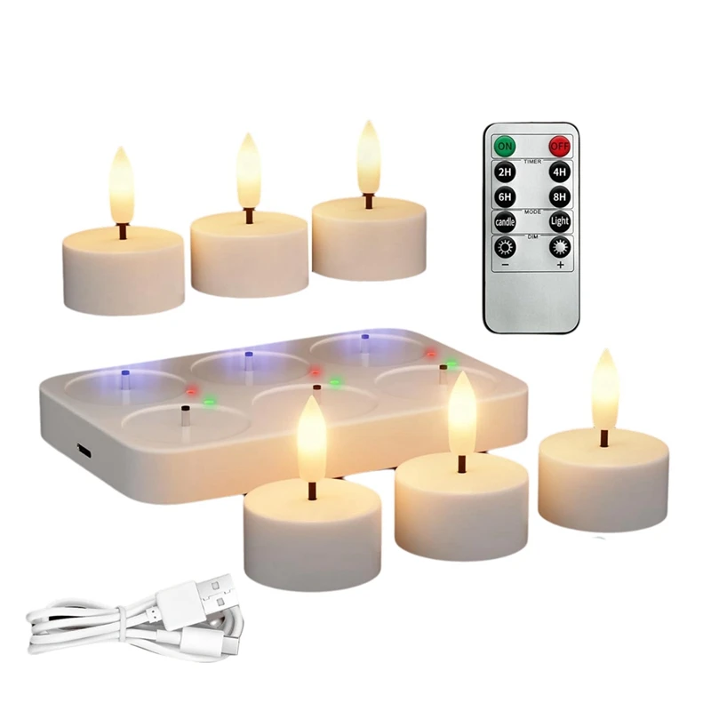

Rechargeable Flameless Tea Lights Candles With Charging Station 6Pcs Battery Tea Lights Candles With Remote & Timer