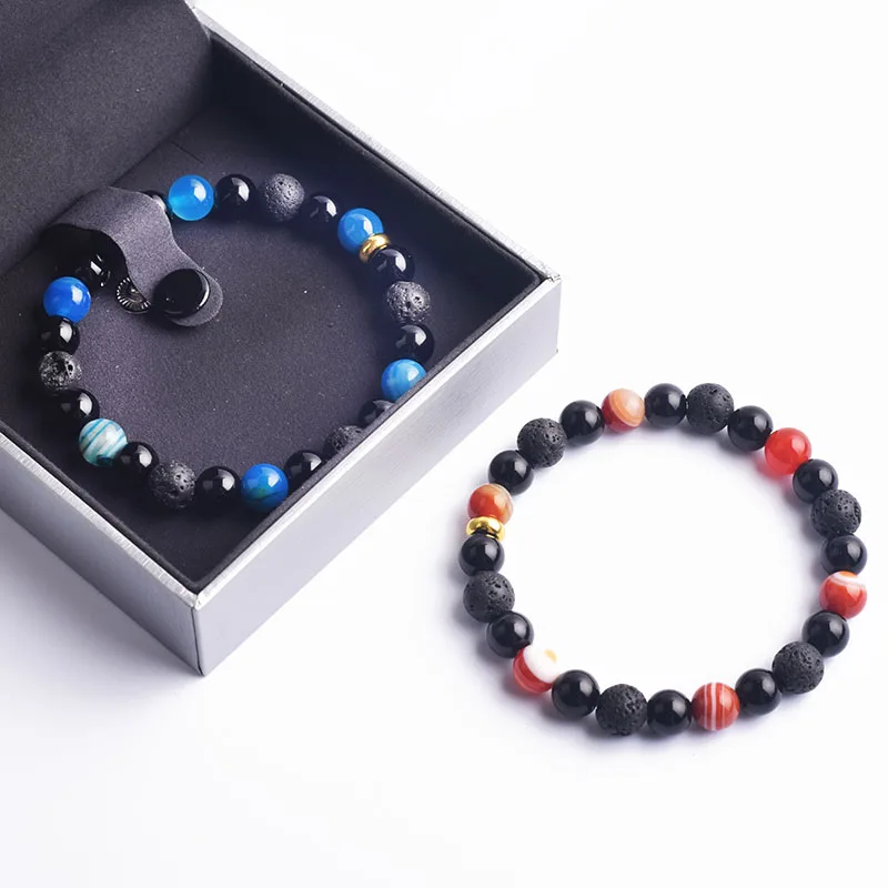 Couple Distance Bracelet Women Man Blue and Red Stripe Agate Bead Handmade Wristband Jewelry Gift for Lover Black Onyx Pulsera
