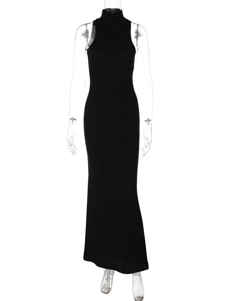 Tossy-Robe Maxi Slim à Col Roulé Noir pour Femme, Taille Haute, Couleur Unie, Patchwork, Robe de Soirée Élégante, Longue, Été