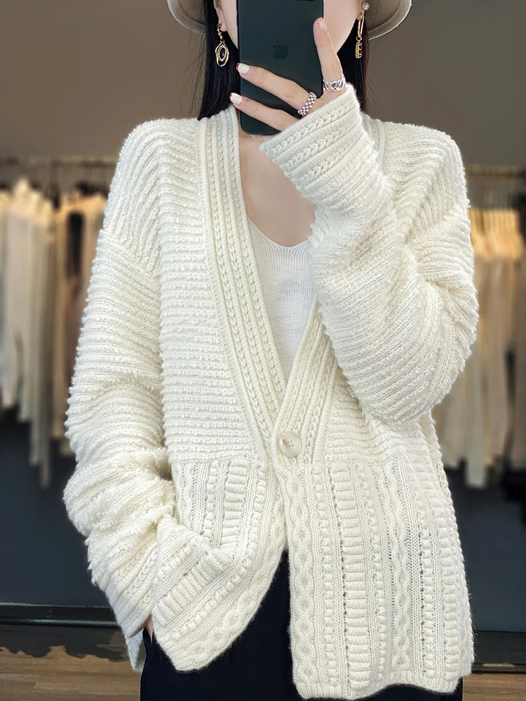 

Women's Cardigan 2023 Spring/Autumn 100% Sweater Casual Knit Loose Ladies Tops V Neck Overside Thickened One Button Blouse