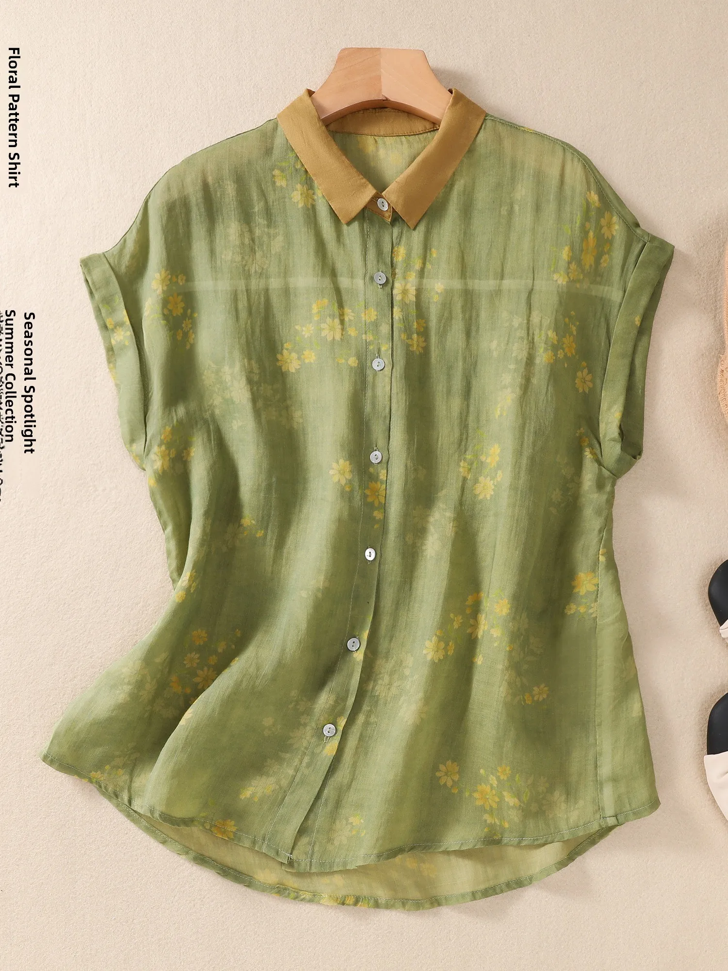 Retro Contrast Color Collar Printed Cotton Linen Women's Summer Thin Casual irt Meat Covering Top Versatile Loose Fit