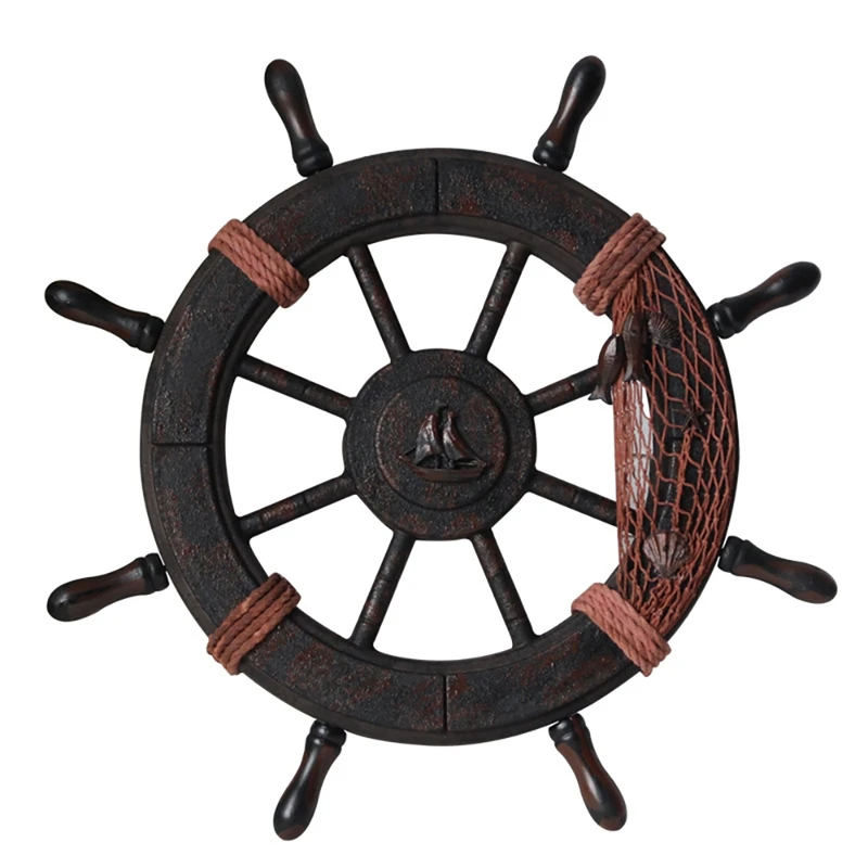 Mediterranean Style Nautical Wooden Boat Ship Wheel Wooden Rudder Model Rudder Wooden Retro Ship Wheel Wall Decoration