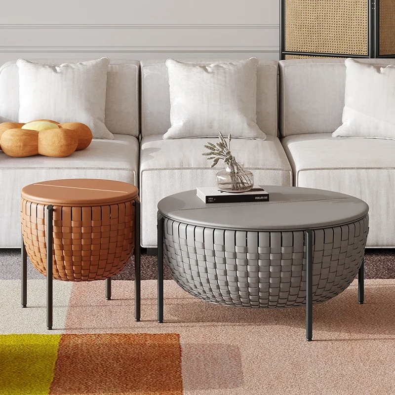 N Italian Style Light Luxury Minimalist round Storage Tea Table Combination Designer Advanced Saddle Leather Braided Side Table