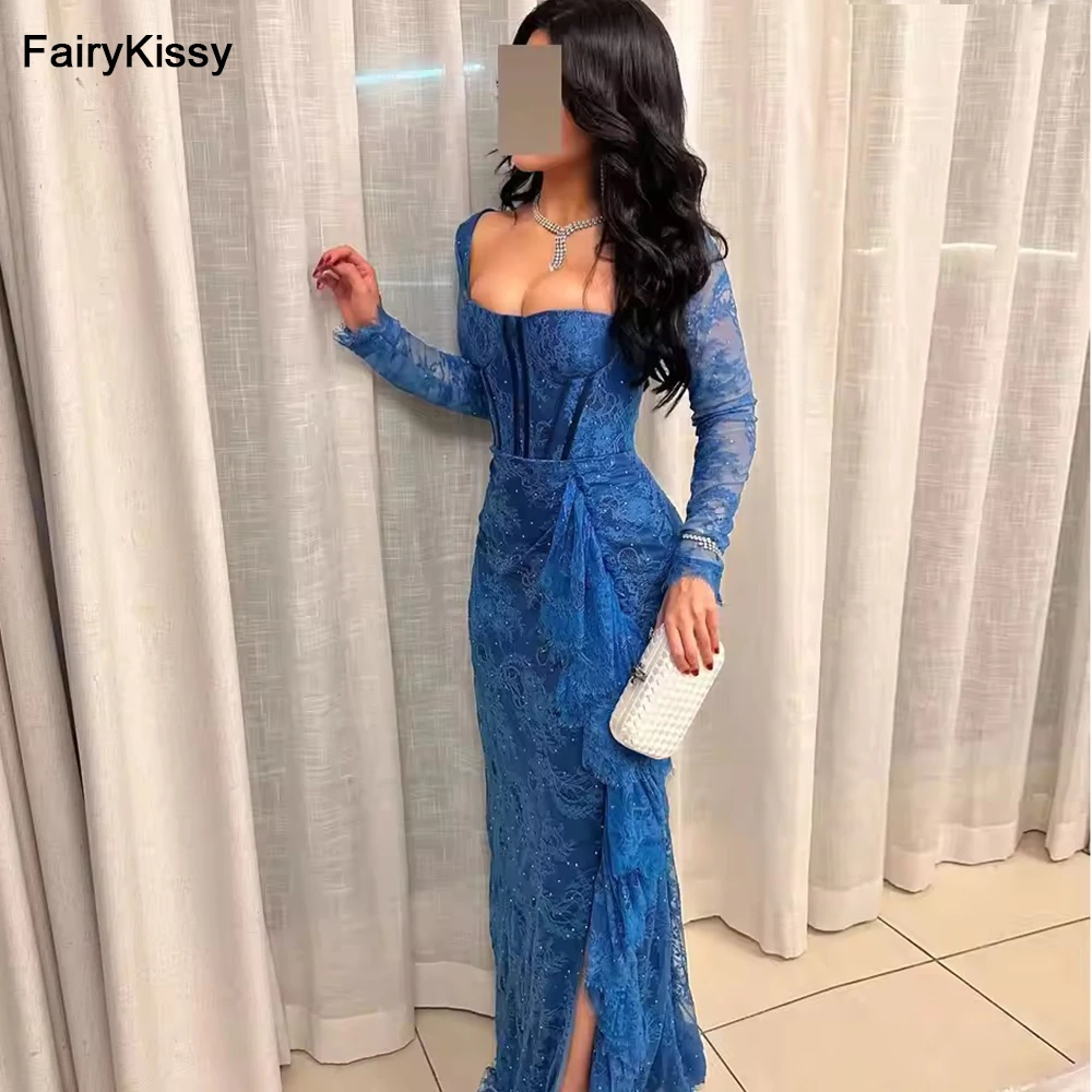 

FairyKissy Sexy Mermaid Long Sleeves Prom Dresses Square Neck Pleated Lace Floor Length Evening Dresses Party Dresses