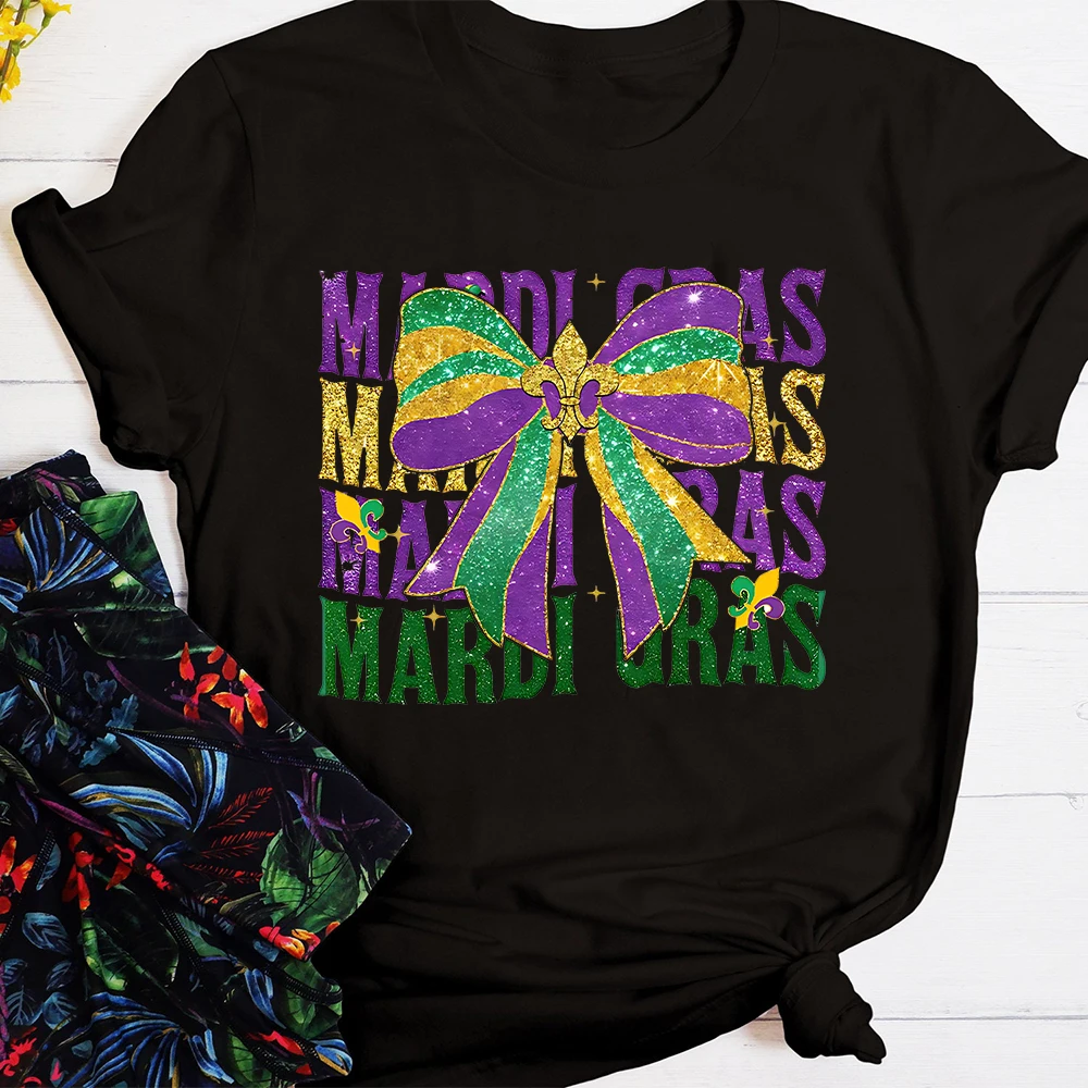 Mardi Gras Shirt for Women Fat Tuesday T-Shirt Short Sleeve New Orleans Carnival Party Graphic Short Sleeves Tee Tops