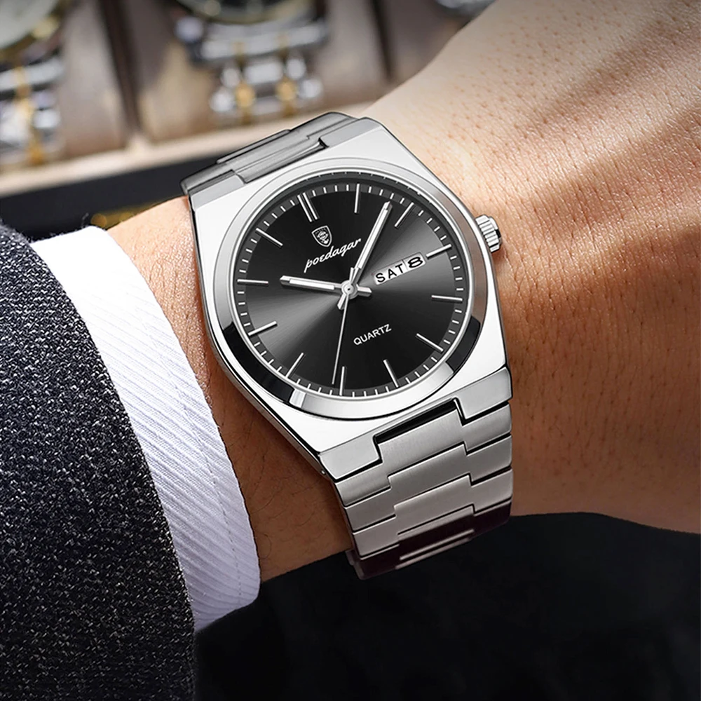 POEDAGAR Fashion ساعات رجالية بسيطة الاتجاه الأصلي كوارتز ساعة للرجل مقاوم للماء الفولاذ المقاوم للصدأ ساعة اليد تاريخ مضيئة