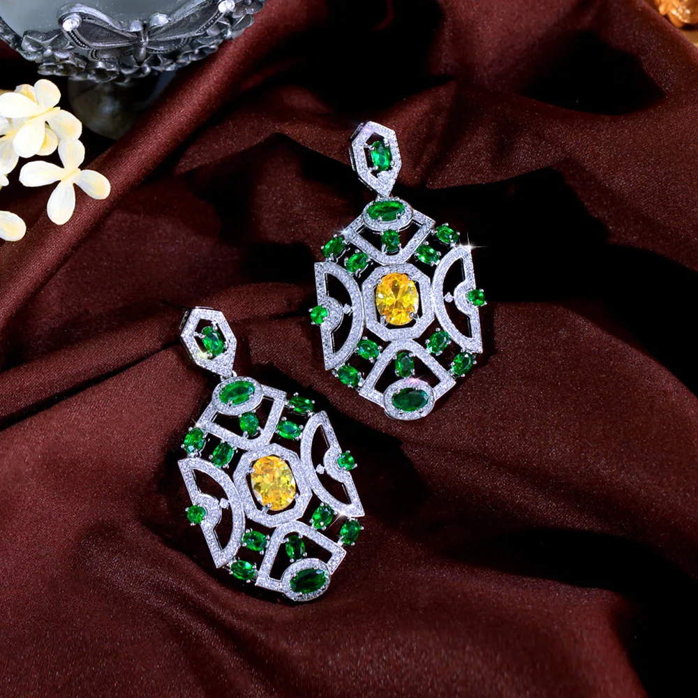 

CWWZircons Vintage Yellow Green Cubic Zircon Ethnic Chunky Long Drop Earrings for Women Banquet Party Jewelry Festive Gift E1151