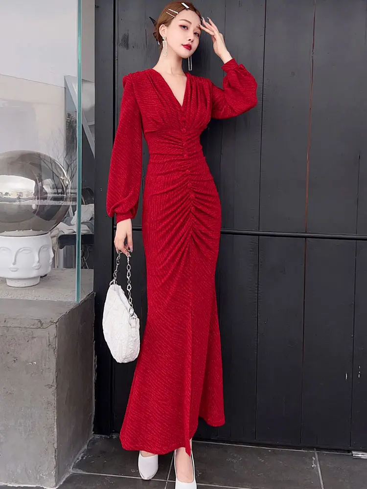 2024 Spring New Long Fishtail Dress Fashion Slim-Fit Female Temperament Slimming Sheath Waist-Tight Dresses Women's Clothes