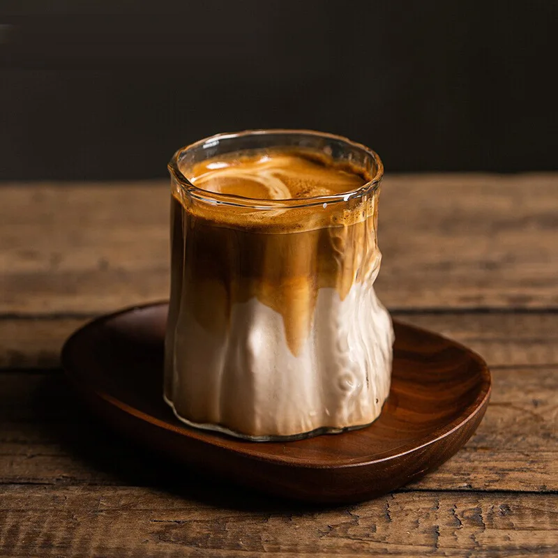 High - Borosilicate Glass Transparent Heat Resistant Single Layer Cup, Iced Americano Coffee Milk Cup With Bark Grain Pattern