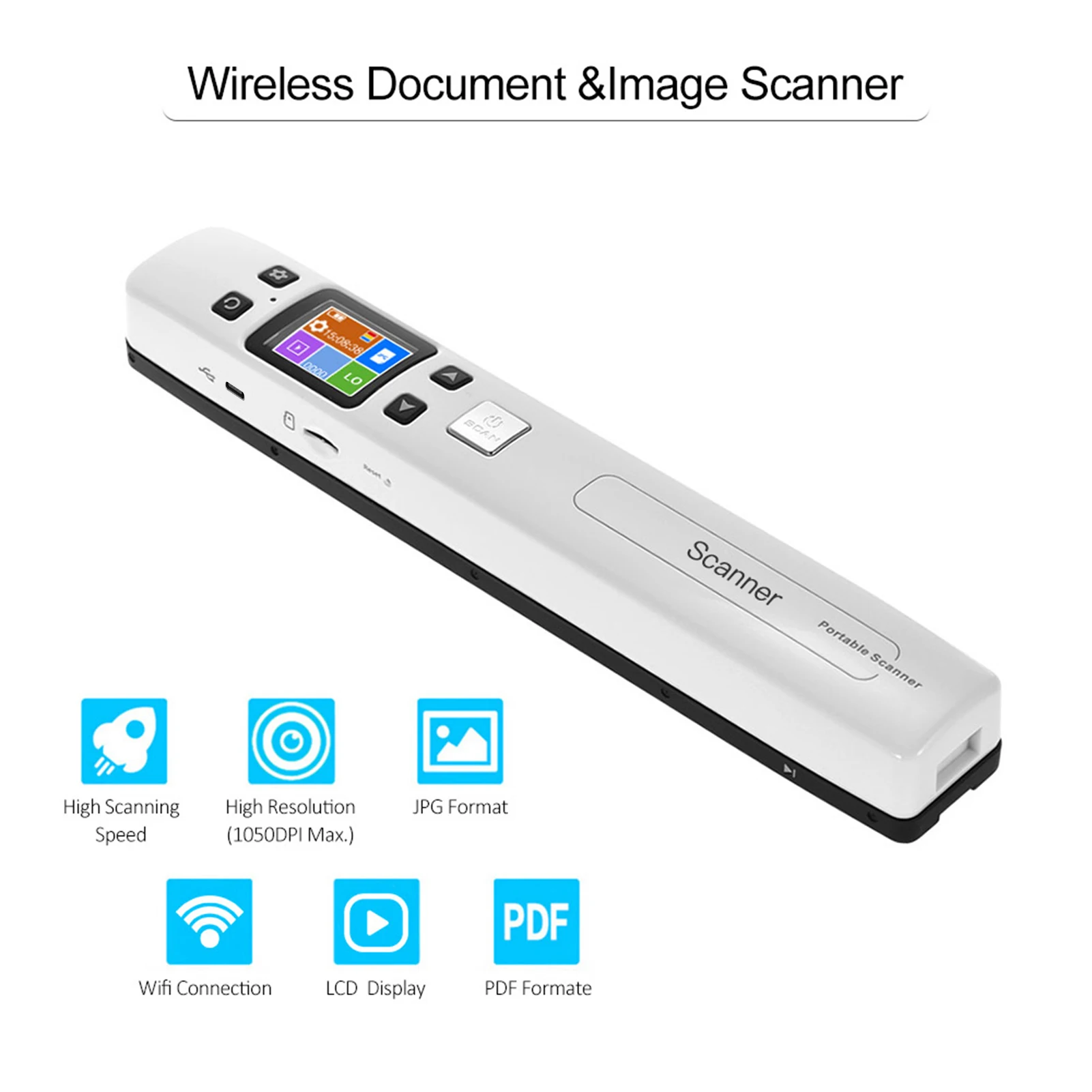 Wifi 1050DPI High Speed Portable Wand Document & Images Scanner A4 Size JPG/PDF Formate LCD Display for Business Reciepts Books