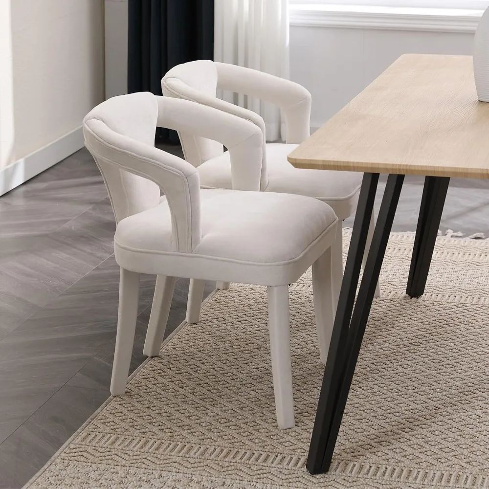 Chenille Dining Chair , Upholstered Kitchen & Dining Room Chair with Curved Open Back ,4PCS/Chenille White，Dining Chairs