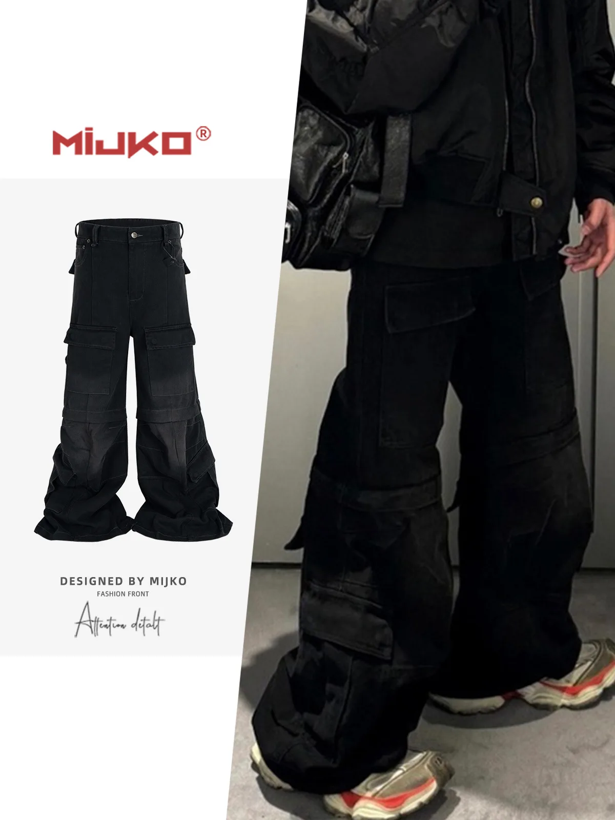 MIJKO Baggy Jeans Vintage Washed Detachable Flared Cargos Mens Straight Casual Overalls Oversized Boot Cut Black Blue Pants