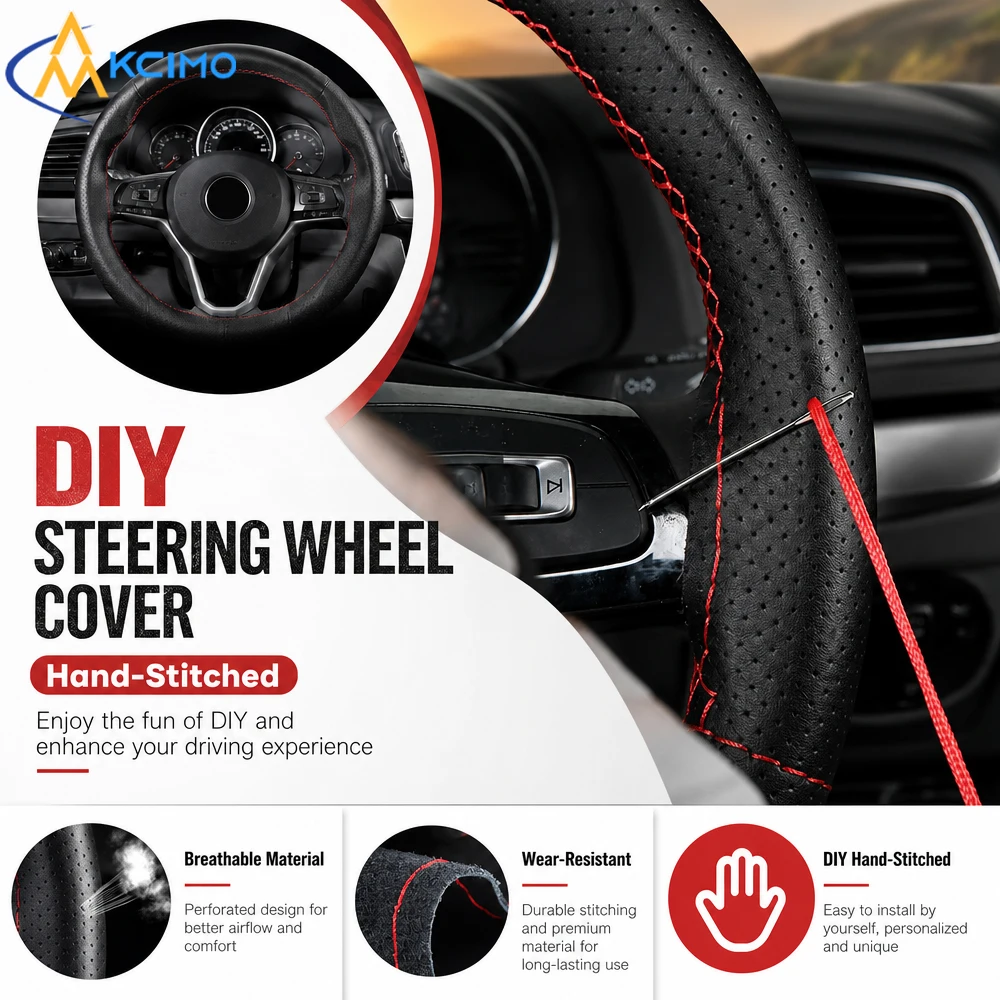 DIY Hand Sew Steering Wheel Cover 37-38CM Anti-Slip Fit Leather Auto Interior Accessories with Needles Thread